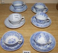 Six Staffordshire blue and white pottery cups and saucers