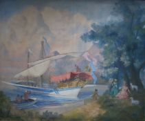 Michel Pellaton, oil on canvas, Le Depart du Galion, 1947, signed and dated 1947, 113cm x 138cm