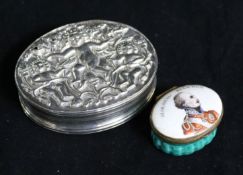 A Burmese? silver oval tobacco box and an enamel oval "Marshal Beucher" pill box.
