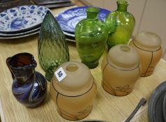 Three Art Deco glass shades, another, a pair of vases and a jug