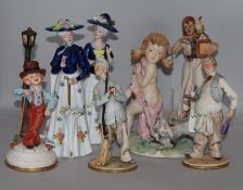 Five Capodimonte figures and a pair of modern Sitzendorf elegant ladies, the Capodimonte to