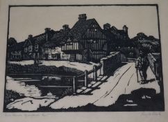 Two etchings of Lewes and a print of Kent, largest 15cm x 20cm