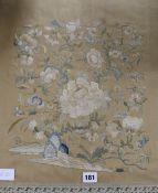 A Chinese embroidered panel in chinoiserie frame