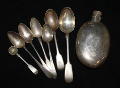 A Victorian silver hip flask (a.f.) and six silver spoons and one plated spoon.