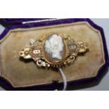 A Victorian gold, cameo and seed pearl brooch, 44mm.