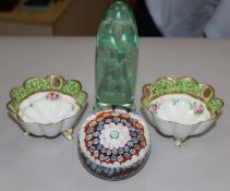 A Stourbridge glass dump, paperweight and two cups