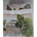 Robert Tavener, two watercolours, town views, signed, unframed, 44cm x 47cm