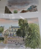 Robert Tavener, two watercolours, town views, signed, unframed, 44cm x 47cm