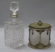 A Victorian frosted glass biscuit barrel and a silver collared decanter