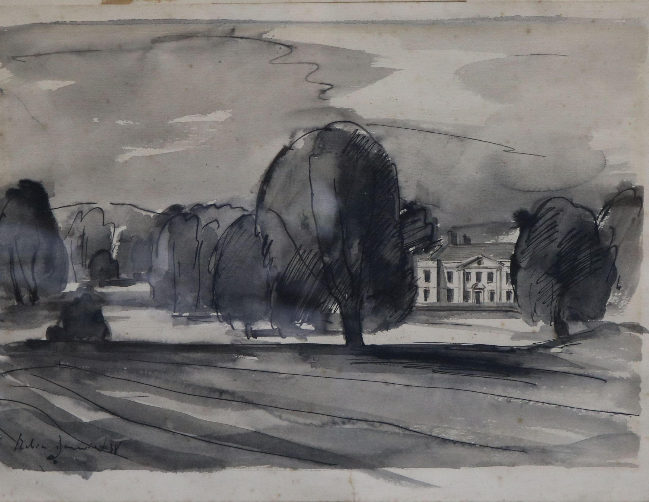 Robin Darwin, ink and wash, view of country house, signed and dated, 28cm x 37cm