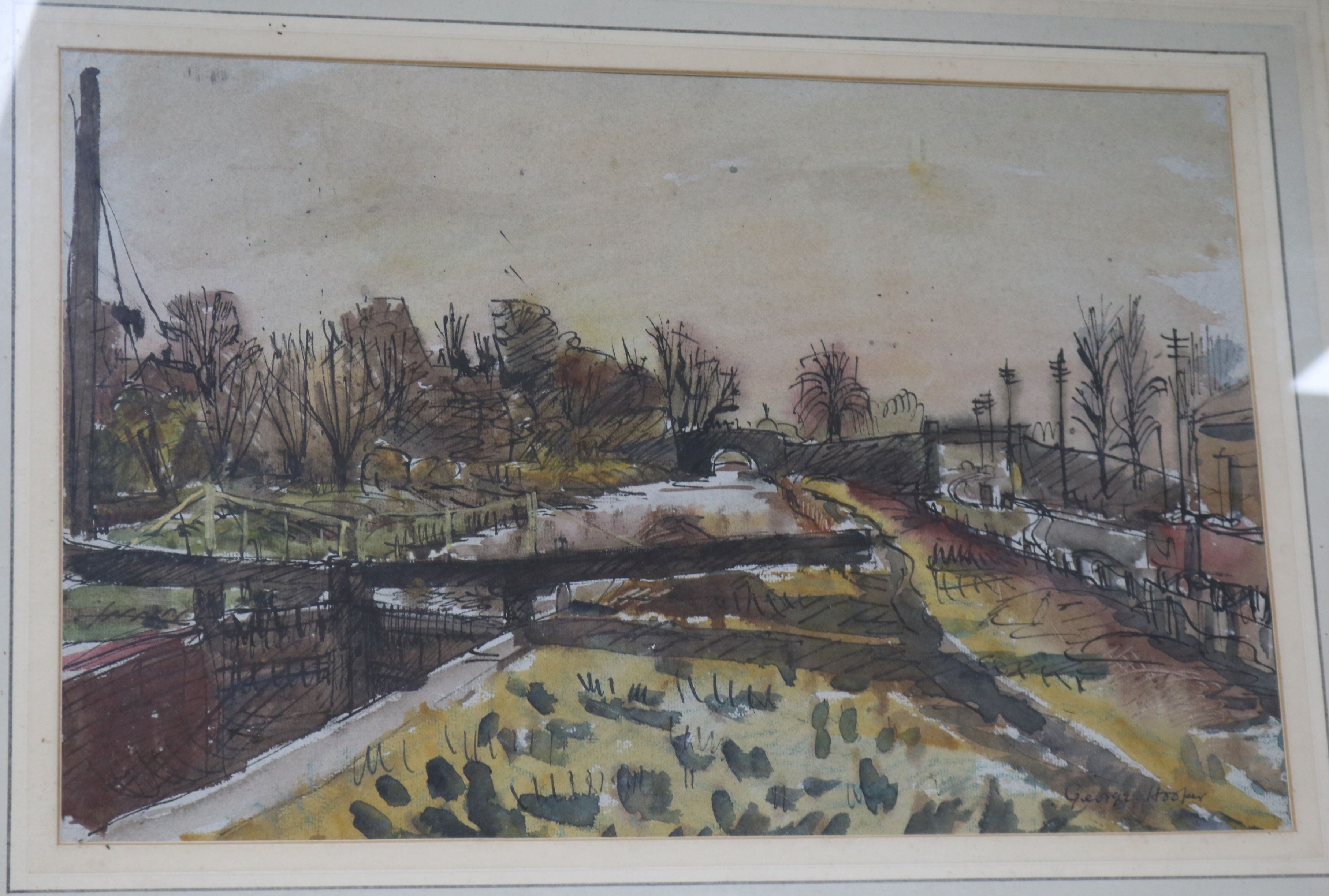 George Hooper (1910-34), ink and watercolour, Loch gates, signed, 30cm x 46cm