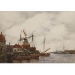 Jan Van Couver, watercolour, Dutch harbour scene, 19 x 26cm