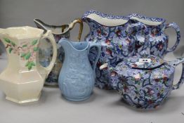 Three Maling ware items and three other Victorian jugs