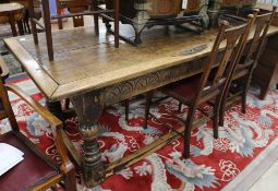 A 17th century style oak refectory table, on turned legs and all round stretcher, 214 x 85cm