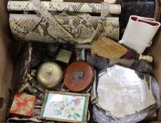 A Snakeskin handbag, treen ink quill stand, Dutch mirrors etc