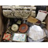 A Snakeskin handbag, treen ink quill stand, Dutch mirrors etc