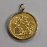 A Victoria 1891 gold full sovereign, in a gold pendant mount.