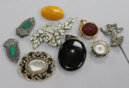 A gold overlaid and bloodstone fob and other mixed jewellery.