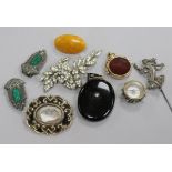 A gold overlaid and bloodstone fob and other mixed jewellery.