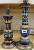 Two Doulton Lambeth lamp bases, later mounted