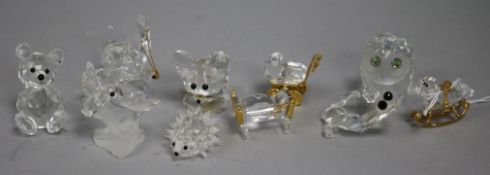 Ten Swarovski crystal ornaments, including frog, owl, rocking horse, bear etc. (two boxed)