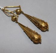 A pair of gold Etruscan style pear drop earrings.