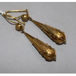 A pair of gold Etruscan style pear drop earrings.