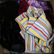 A quantity of 1940's crepe printed evening dress and jackets and 2 silk velvet jackets etc