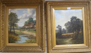 Augustus Stone, pair of oil on canvas, cornfield and woman passing a cottage, one signed, 52cm 42cm