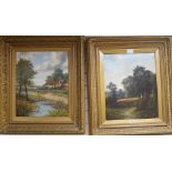 Augustus Stone, pair of oil on canvas, cornfield and woman passing a cottage, one signed, 52cm 42cm