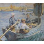 Modern oil on board, after Henry Scott Tuke, fishing boat in a harbour, 31 x 35cm