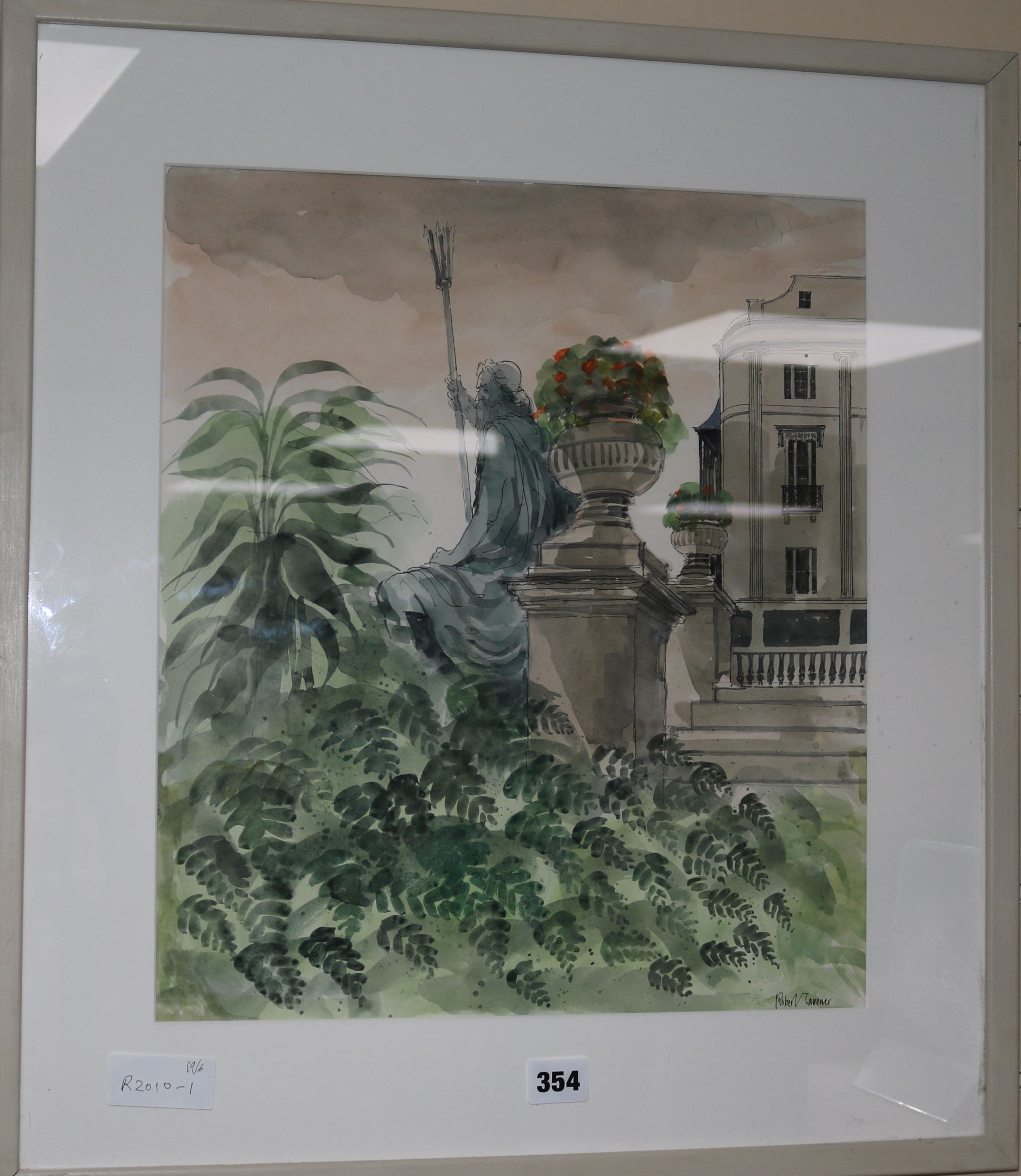 Robert Tavener, ink and watercolour, statue of Neptune on terrace, signed, 42cm x 36cm