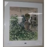 Robert Tavener, ink and watercolour, statue of Neptune on terrace, signed, 42cm x 36cm