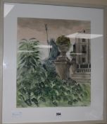 Robert Tavener, ink and watercolour, statue of Neptune on terrace, signed, 42cm x 36cm