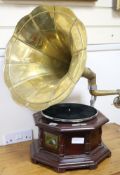 A HMV style wind up gramophone with brass horn