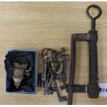 A Padlock made from gun barrel, Eastern bronze padlock and a bunch of antique keys