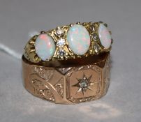 An 18ct three stone opal ring and a 9ct gold signet ring.