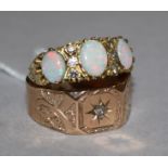 An 18ct three stone opal ring and a 9ct gold signet ring.