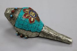 A Tibetan enamel and metal mounted conch shell