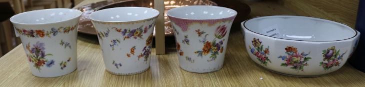 A Dresden floral bowl and three flower pots