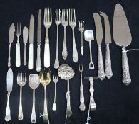 A small collection of silver, silver-mounted and plated flatware and serving utensils, weighable