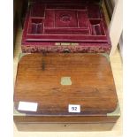 A leather jewellery box, brass mounted sewing box etc