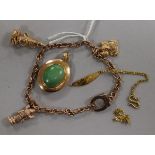 A 9ct gold charm bracelet hung with three charms, a pendant and bracelet(a.f.).