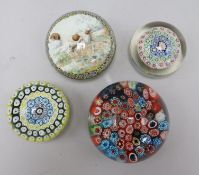 Four Murano glass millefiori paperweights, one with picture of a dog by Ferro & Lazzarini