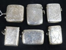 Six engraved silver vesta cases, various, Victorian and later, total 5.4oz