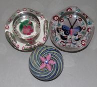 Two Selkirk glass paperweights; Butterfly LE 12/75 and Millefiore Flower LE1/1 and a Peter McDougall