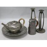 A Liberty & Co English pewter enamelled jug, a pair of similar candlesticks, teapot and tazza