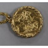 An 1893 gold sovereign in 9ct gold mount on 9ct gold chain, gross weight 21.8gr