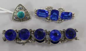 A Charles Horner silver and enamelled brooch and two items of costume jewellery.