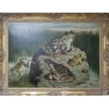 English School, oil on canvas, frogs and toads in a pond, 56 x 78cm